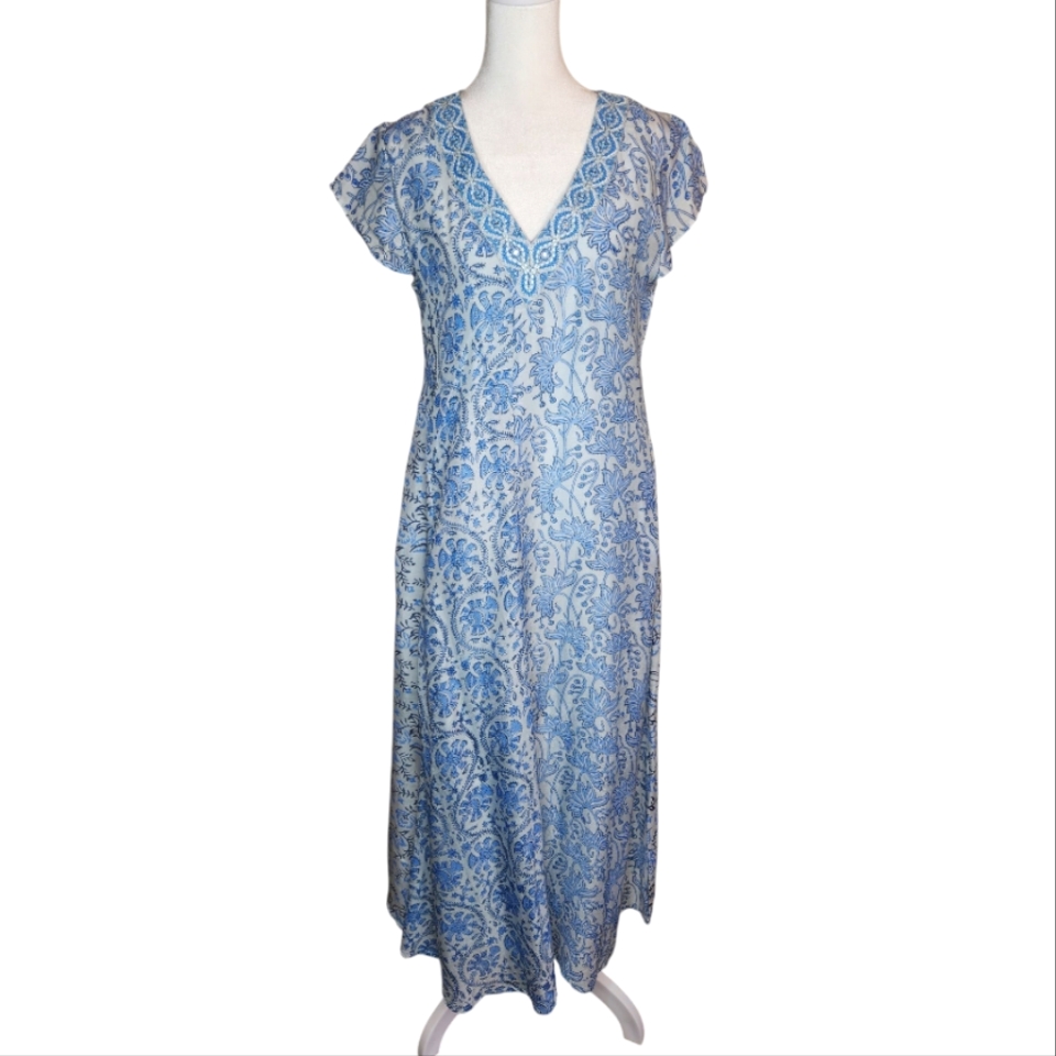 Bella Tu Block Print V Neck Maxi Dress With Beaded Trim Size Xs